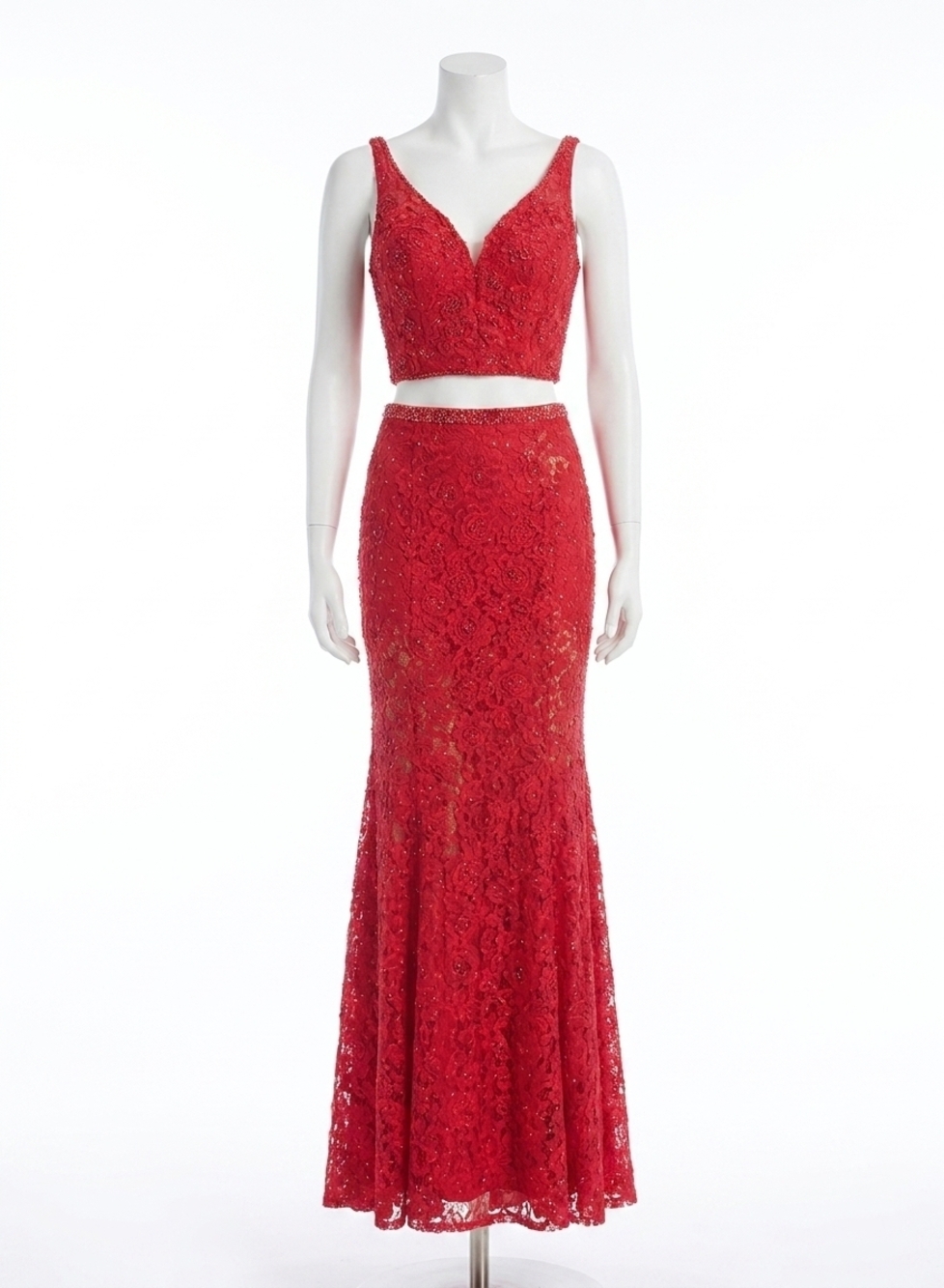 NEW RACHEL ALLAN lace floral two-piece prom dress in red